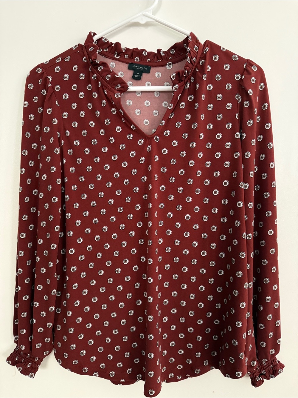 Ann Taylor Burgundy Dot Ruffle-Neck Long-Sleeve Blouse